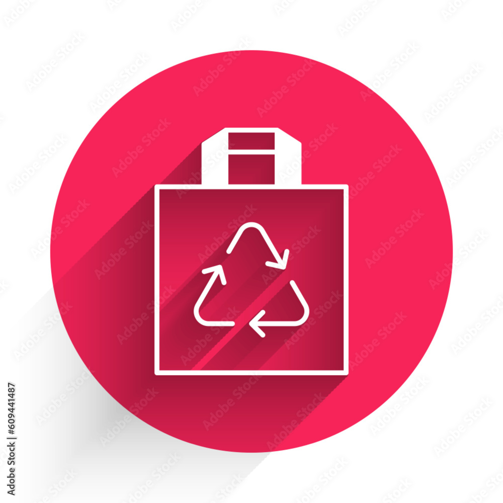 Poster white paper shopping bag with recycle icon isolated with long shadow background. bag with recycling 