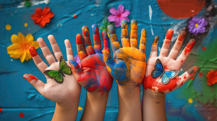 colorful painted hands in front of a decorated butterfly flower wall - obrazy, fototapety, plakaty