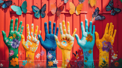 colorful painted hands in front of a decorated butterfly flower wall
