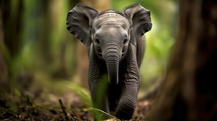 Fototapeta na wymiar Close up image of a walking baby elephant, generative AI