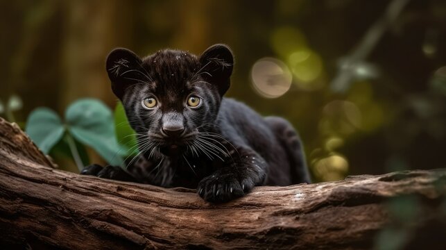 Close up image of a cute black panther cub, generative AI