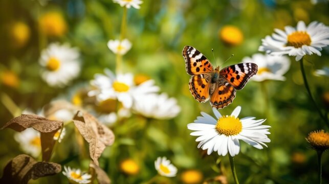 Little fox butterfly is flying over a daisy flower, generative AI