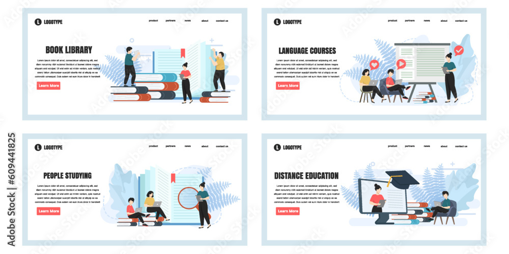 Poster set of web page design templates for education web page composition with people characters. modern v