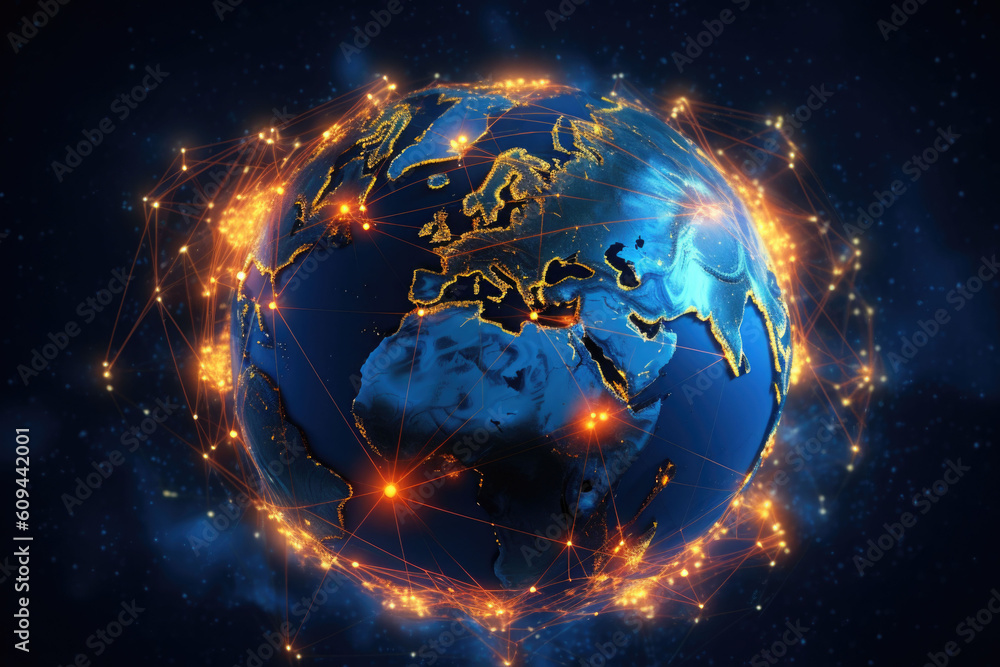 Wall mural global network connection covering the earth with lines of innovative perceptron. generative ai