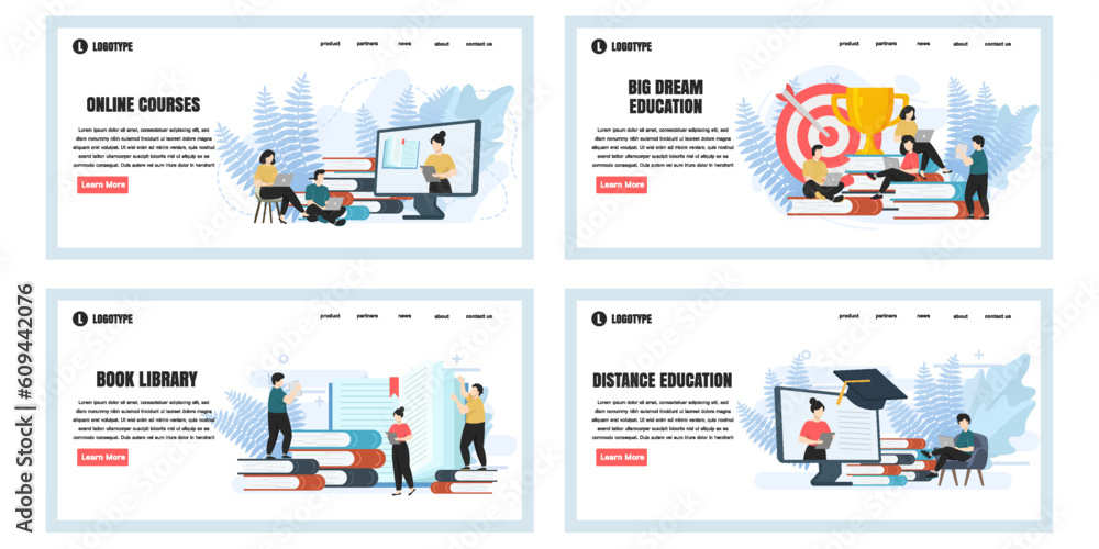 Poster set of web page design templates for education web page composition with people characters. modern v