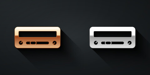 Fototapeta premium Gold and silver Car audio icon isolated on black background. Fm radio car audio icon. Long shadow style. Vector