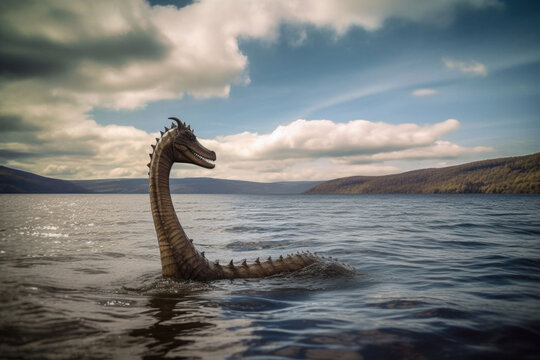 Loch Ness monster Nessie in the lake. Generative AI