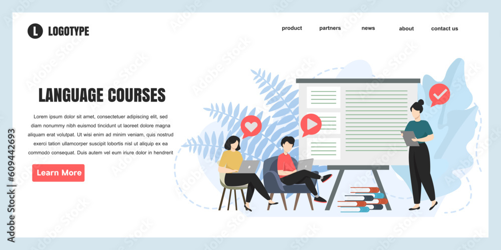 Poster flat design concept language courses for website and landing page template. students learning foreig