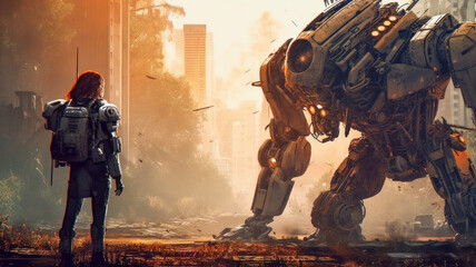 robots against humans as war concept of the future created with Generative AI technology