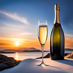 Prosecco - Glass and Bottle at Sunset with scenery
