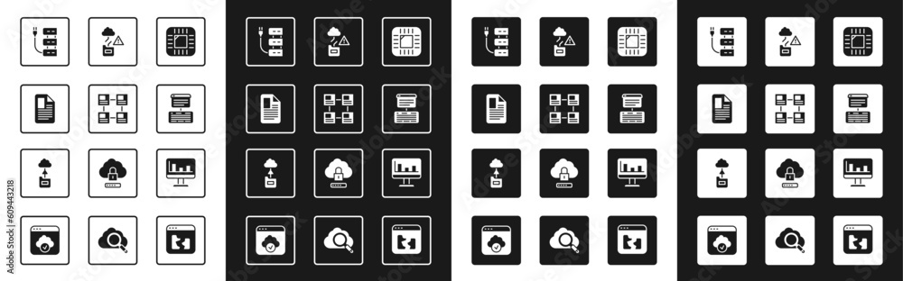 Poster set processor with cpu, hierarchy organogram chart, file document, server, server, data, web hosting