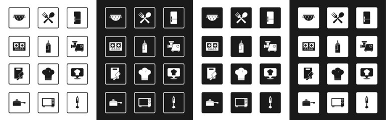 Set Refrigerator, Sauce bottle, Gas stove, Kitchen colander, meat grinder, Crossed fork spoon, Chef hat with location and Cutting board chopper icon. Vector