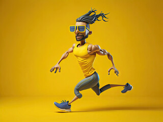 Obraz premium cute 3d runner man character in action on yellow background. ai generative