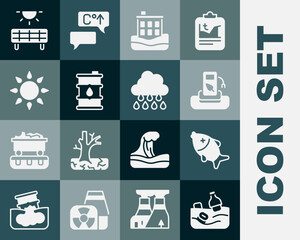 Set Problem pollution of the ocean, Dead fish, Petrol or gas station, House flood, Barrel oil, Sun, Solar energy panel and Cloud with rain icon. Vector