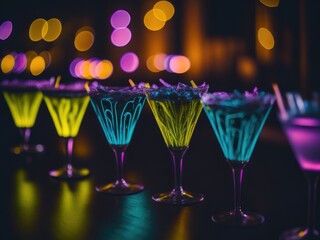 neon Cocktails on black background. ai generative