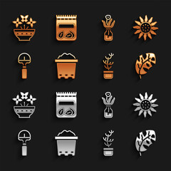 Set Pot with soil, Flower, Tropical leaves, Exotic tropical plant in pot, Shovel, glass bottle, vase and Pack full of seeds of icon. Vector