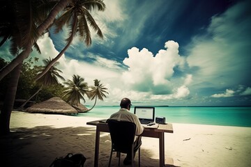 Office man in suit teleworking sitting on a table with a computer on a paradise beach during vacations. Concept of telecommuting and not disconnect from work on vacation, generative ai image. - obrazy, fototapety, plakaty