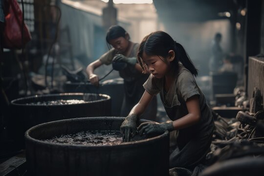 Tired little Asian girls working in poor conditions in a dark factory. Concept of exploitation and child labor, generative ai image of violation of human rights.