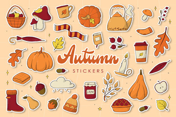 set of Autumn stickers, clip art, doodles, cartoon elements for prints, sublimation, scrapbooking, planners, cards, posters, home decor. EPS 10