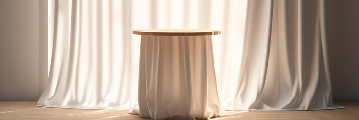 A round wooden table with curtains in the background, ideal for product presentation, Generative AI