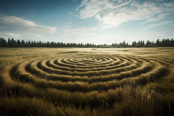 Fototapeta na wymiar A field with a spiral at its center and a sky background. Mysterious shapes in a plantation. A circular spiral pattern in a field of golden wheat. Realistic 3D illustration. Generative AI
