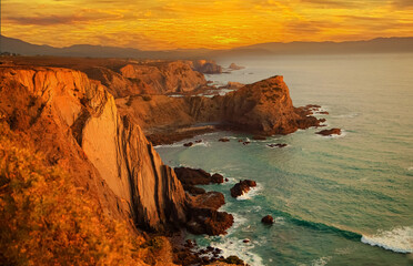 Atlantic Ocean Coast with waves background Travel holiday sea concept. Algarve Portugal