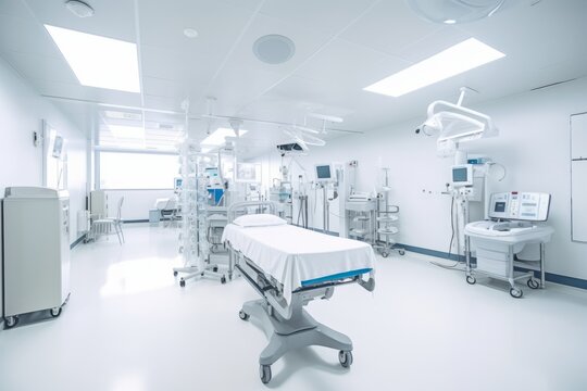 Clean and spacious hospital ward with modern equipment, representing a high-tech healthcare environment. Generative Ai