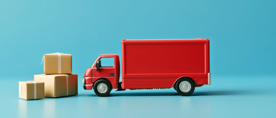 Red delivery truck on a blue background with boxes. Generative AI