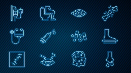 Set line Runny nose, Flat foot, Reddish eye, Syringe, Stethoscope, IV bag, Medicine pill or tablet and Constipation icon. Vector