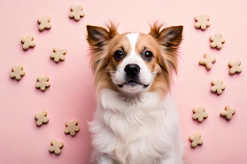a fluffy dog surrounded by adorable dog bones, set against a soft pink background