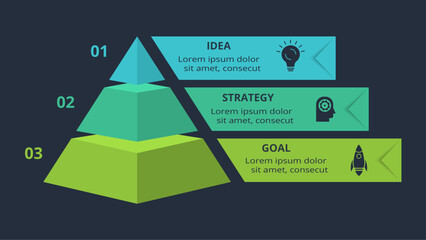 3d concept for infographic with 3 steps, options, parts or processes. Template for web on a black background.