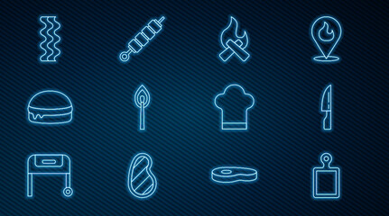 Set line Cutting board, Barbecue knife, Campfire, Burning match with, Burger, Bacon stripe, Chef hat and Grilled shish kebab icon. Vector