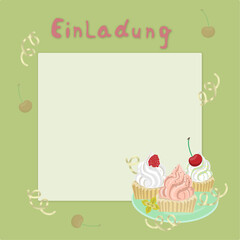 Birthday invitation card with with cakes and cream. Vector graphics