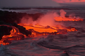 Fototapeta na wymiar Hot and fresh lava flows into the sea, generative AI.