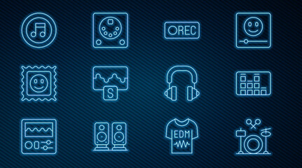 Set line Drums, Music equalizer, Record button, wave, LSD acid mark, note, tone, Headphones and machine icon. Vector