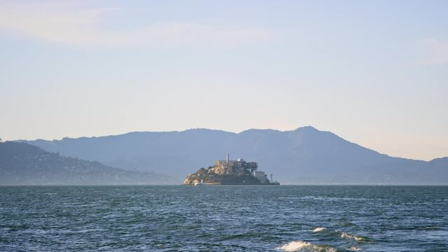 Alcatraz Island in the distance in San Francisco Bay from south side, telephoto