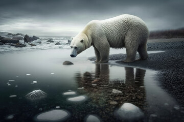 Obraz na płótnie Canvas A polar bear in search of food, an animal under threat of extinction due to global warming, generative AI.