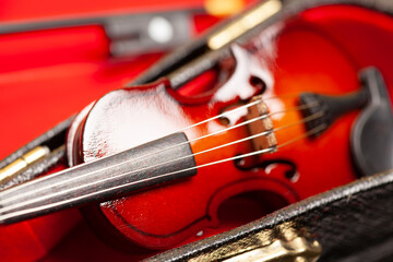 violin with bow in red velvet case