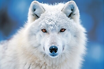Obraz premium Close-Up of Orange-Eyed Arctic Wolf in Snowy Landscape - AI Generative