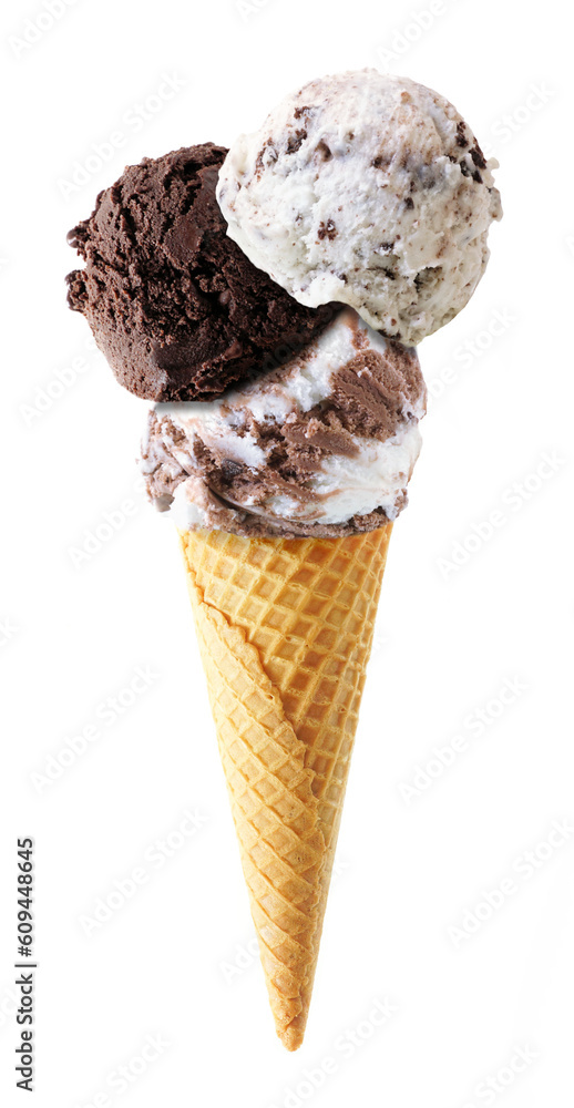 Wall mural triple scoop ice cream cone isolated on a white background. cookies and cream, dark chocolate and he