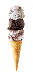 Triple scoop ice cream cone isolated on a white background. Cookies and cream, dark chocolate and...