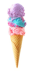 Triple scoop ice cream cone isolated on a white background. Pastel purple, blue and pink in a...