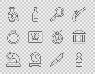 Set line Old gramophone, Gypsum head sculpture bust, Magnifying glass, Antique clock, Ancient amphorae, Butterfly frame, Pen and Museum building icon. Vector