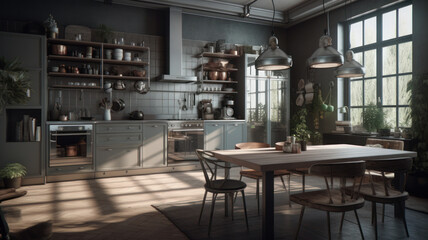Grey home kitchen interior with cooking and dining space with kitchenware. 