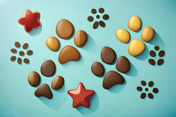 Fototapeta premium a playful mix of dog paw prints in various colors, set against a light blue background