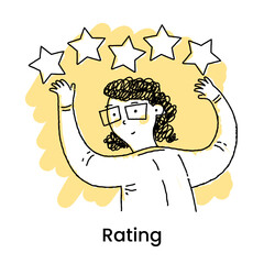 Cute cartoon man. The person leaves a five-star rating and positive feedback. Customer feedback. Customer satisfaction. Vector illustration for banner.