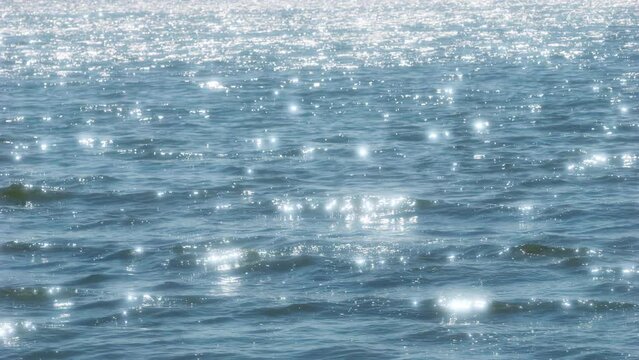 Fresh landscape of twinkling waves by sunlight at blue sea or ocean near a beach in summer, Nobody, Travel or vacation background, Slow motion	