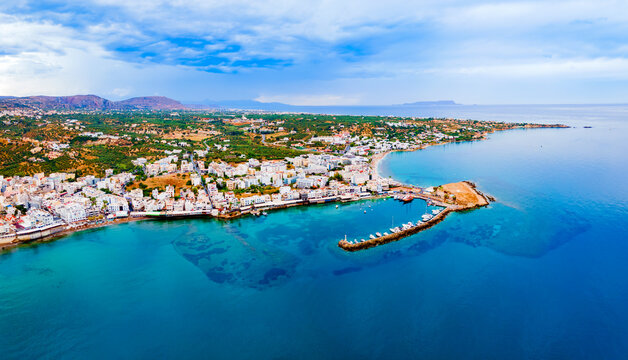Hersonissos town aerial panoramic view in Crete, Greece