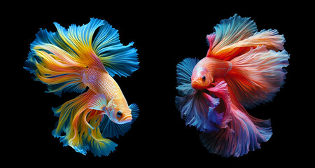 Siamese fish with flower tail and fins. Colorful floral fighting betta fish isolated on black. Amazing exotic floral tropical fish ai generated illustration - obrazy, fototapety, plakaty
