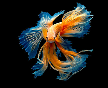 Betta butterfly fish. Colorful fighting Siamese fish with beautiful flower tail and fins isolated on black. Amazing exotic floral tropical fish ai generated illustration